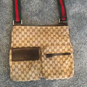 Gucci crossbody bag tan w/red/green stripe strap.
